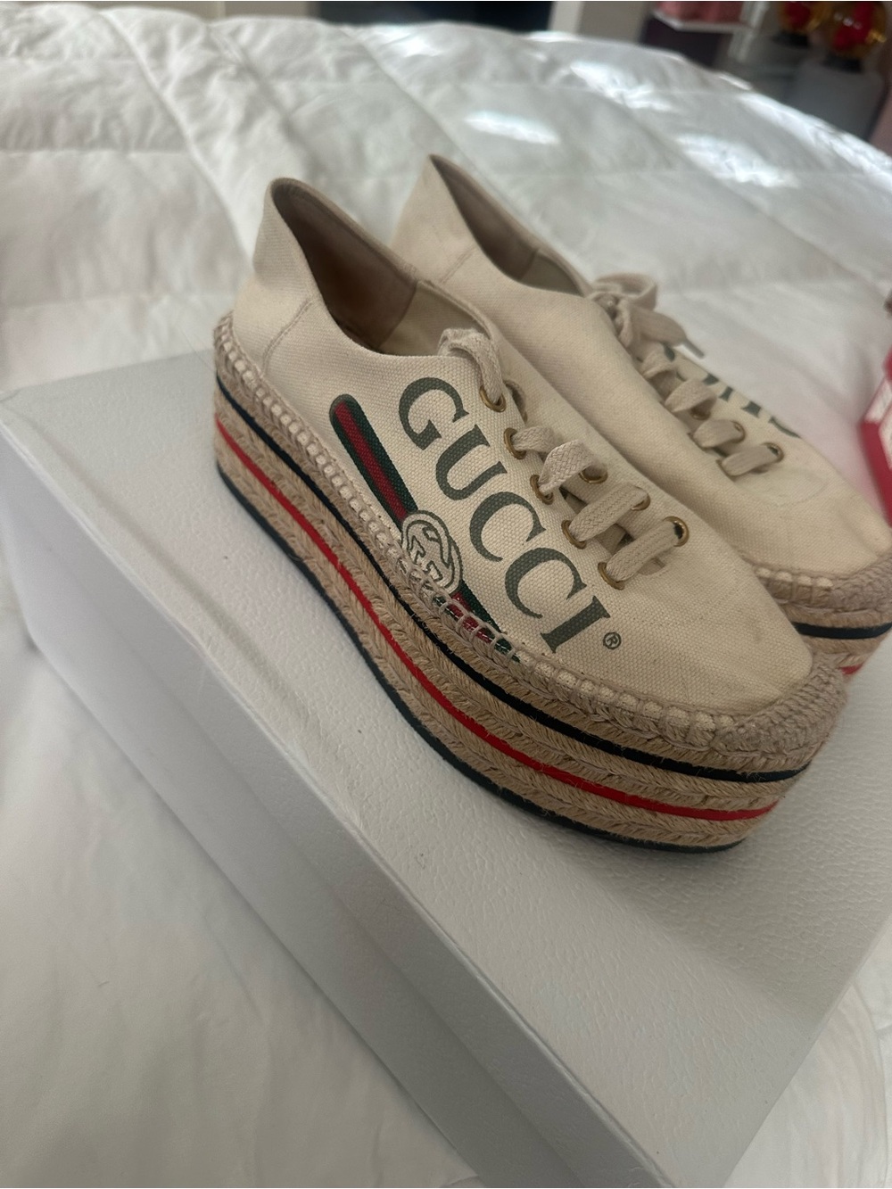 Gucci Cream Canvas Platform Espadrille Sneakers with Red and Green Stripe